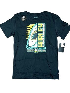 Hurley Black Shark Orange Graphic Surf  Logo Short Sleeve Shirt Boys Large NWT
